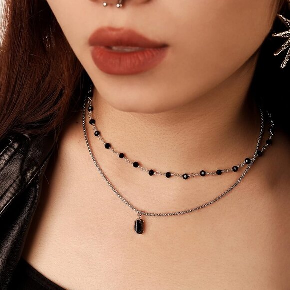 Gothic Boho Crystal Necklace Layered Black Choker Jewelry Gift for Women - Picture 3 of 7